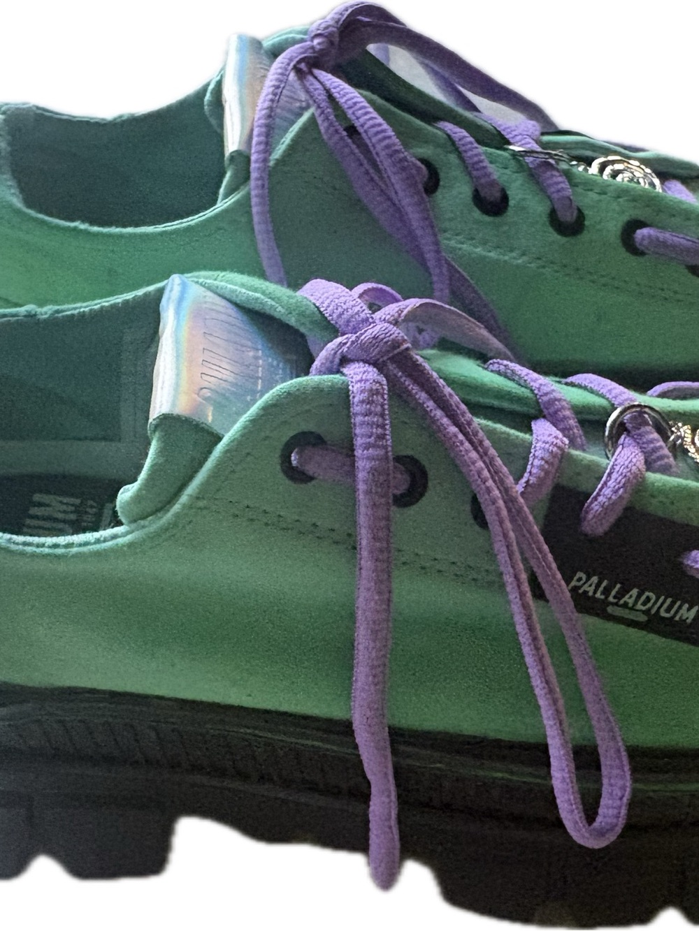 Palladium Green Canvas Sneakers with Purple Laces & spiral charm